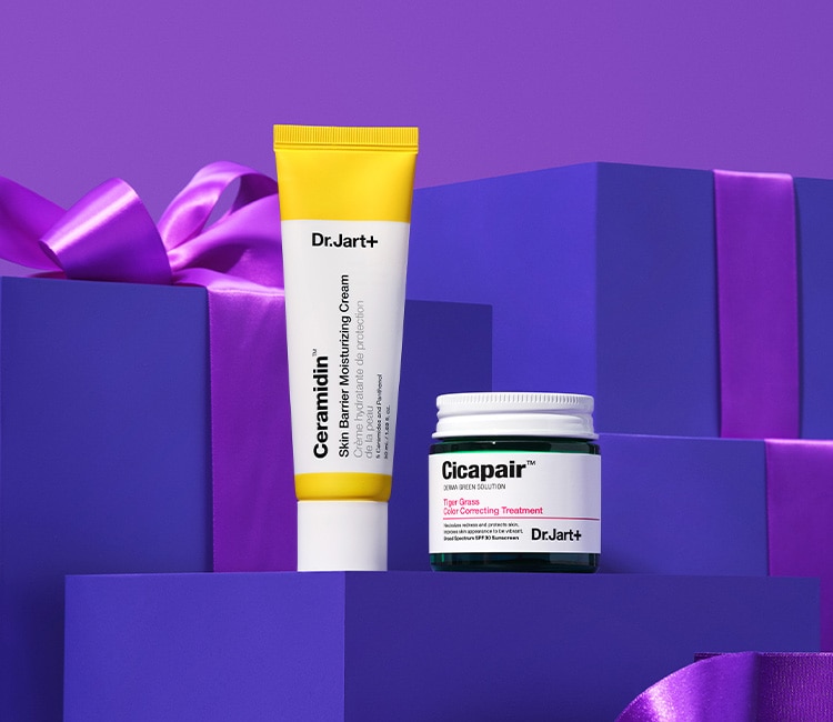 Dr Jart+ products are presented in a purple box, with purple gifts in the background.